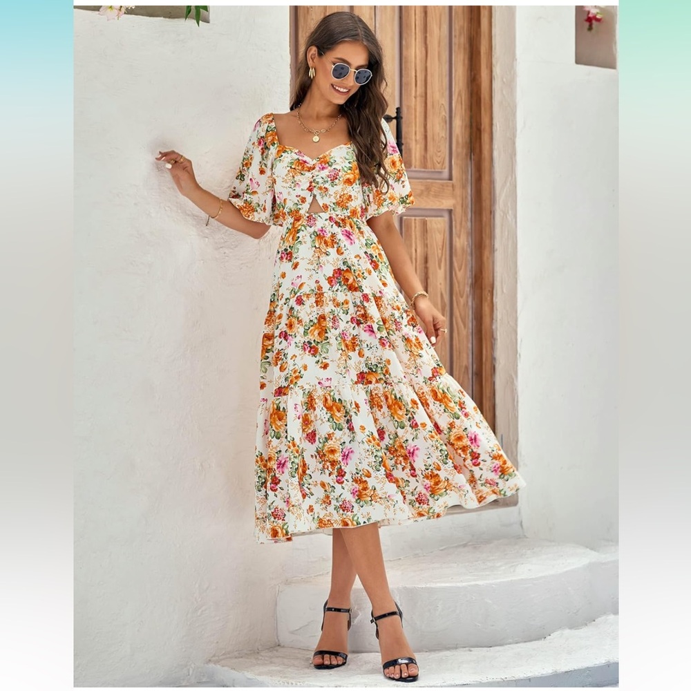 Floral Puff Sleeve Midi Dress w/ Cut-Out | Size M | - Picture 2 of 9